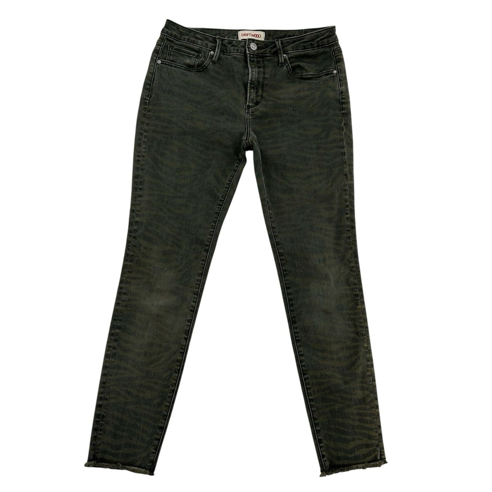 Driftwood Jackie Skinny Jeans Olive Green Tiger Stripe Animal Print Raw Hem 28